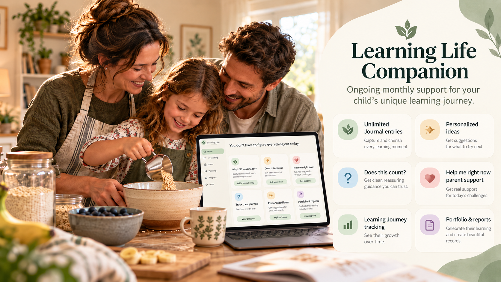 A family baking together beside a laptop showing the Learning Life Companion dashboard
